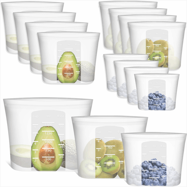 Reusable Storage Bag, 12 Pack 100% Silicone Food Storage Bags Stand Up Silicone Zip Lock Bags for Food Container, Freezer Microwave Oven Dishwasher Safe, 4 Medium 4 Small 4 Extra Small, Translucent
