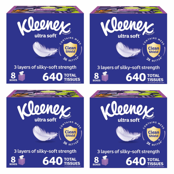 Kleenex Ultra Soft Facial Tissues,4 boxes, 32 Cube Boxes, 80 Tissues per Box, 3-Ply, Packaging May Vary