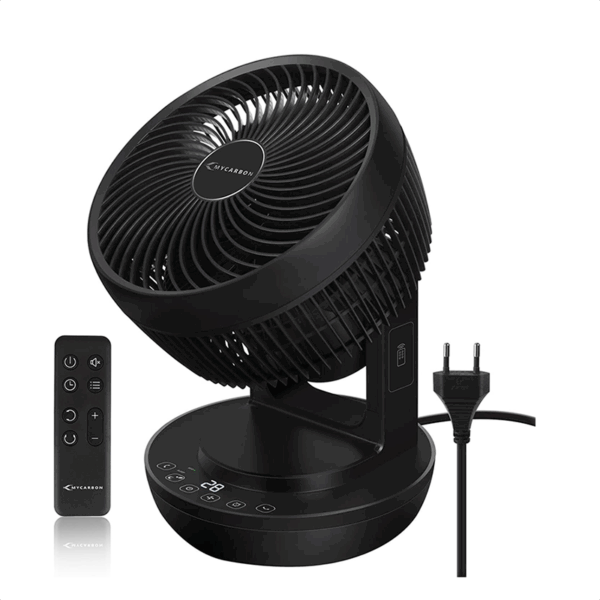 Mycarbon Quiet Turbo Fan and 3D Air Circulator for 30 m², Eco-Mode Air Conditioning Unit, 80% More Efficiency, 12-Hour Timer, Table Fan with Remote Control